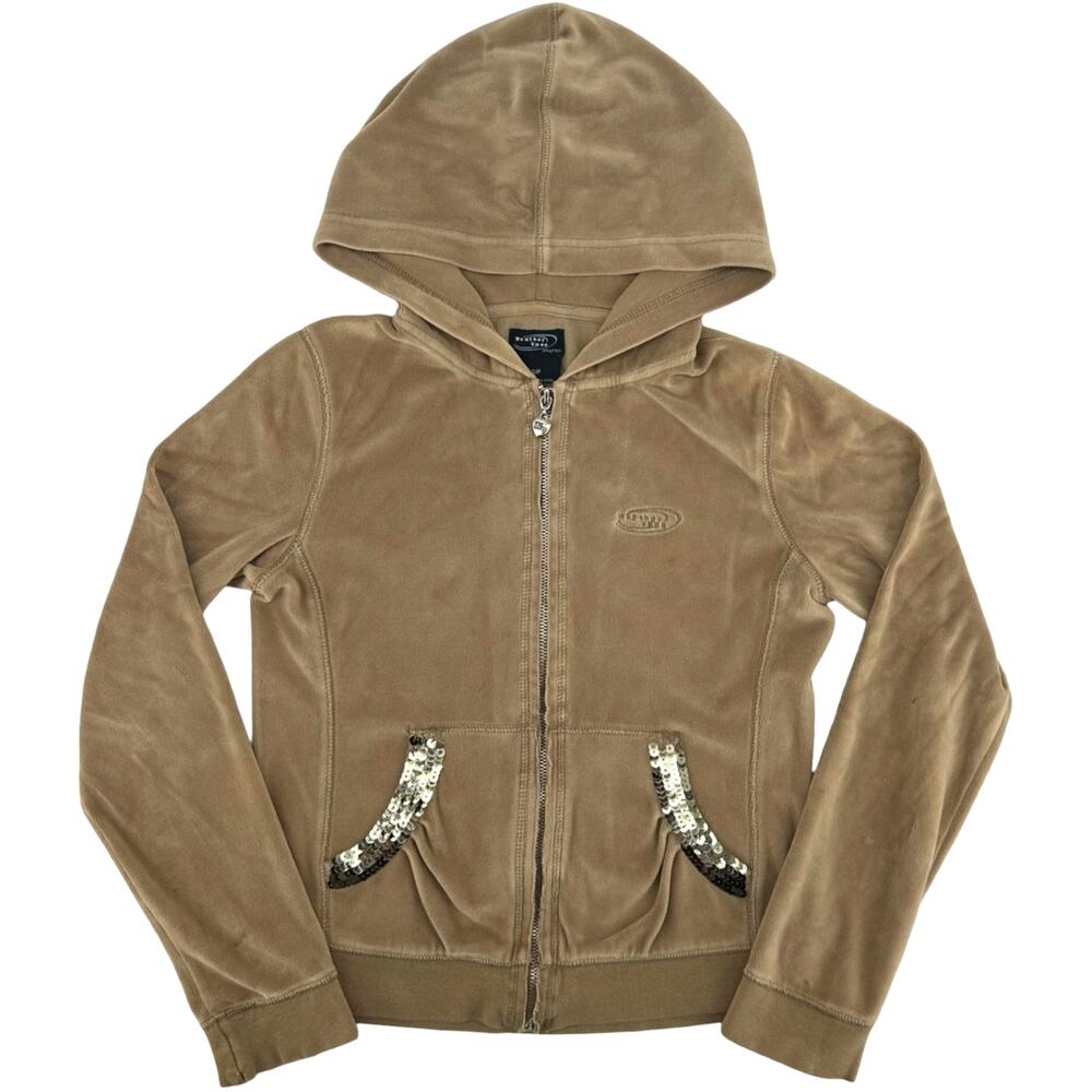VTG y2k Women's Brown Velour Sequin Weather Vane Full Zip Hoodie Sweatshirt Sz S